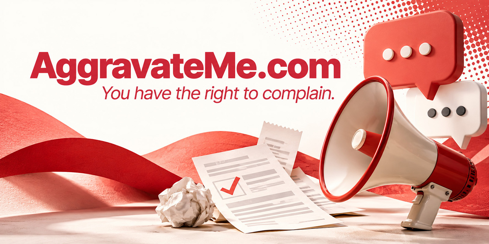AggravateMe.com wordmark with the line You have the right to complain, a megaphone, and a checked complaint form