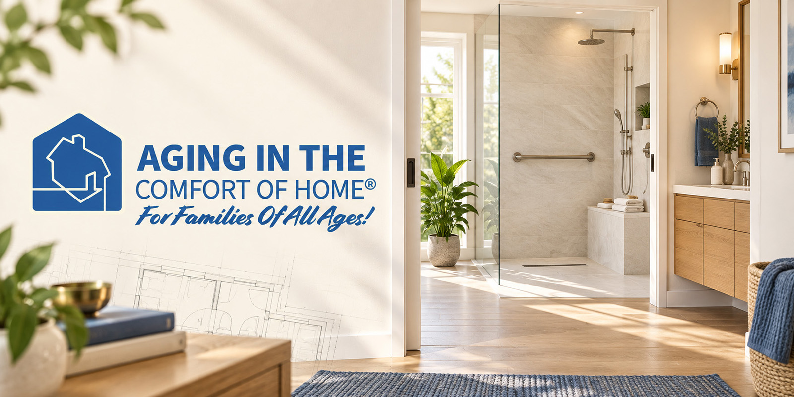 Aging In The Comfort Of Home® brand mark beside an accessible bathroom with a curbless walk-in shower and grab bars