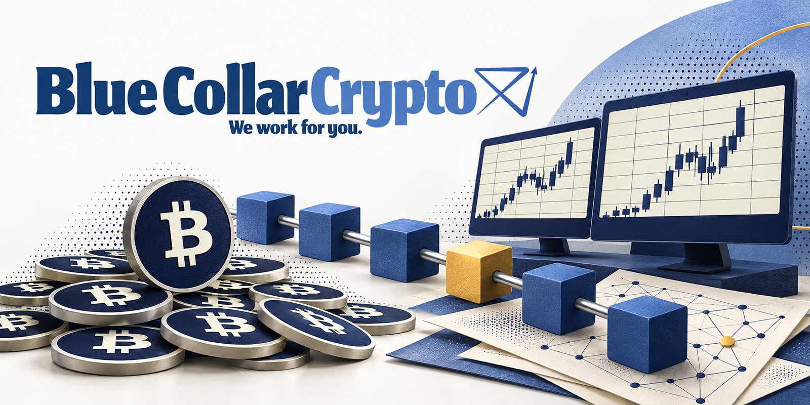 Blue Collar Crypto brand identity with coins, a chain of blocks, and market charts