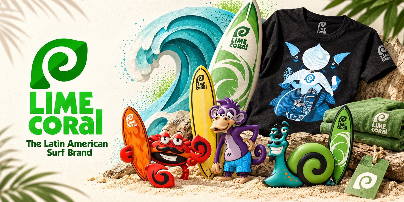 LimeCoral™ logo with surfboards, a printed tee, and the brand mascot characters on a beach set