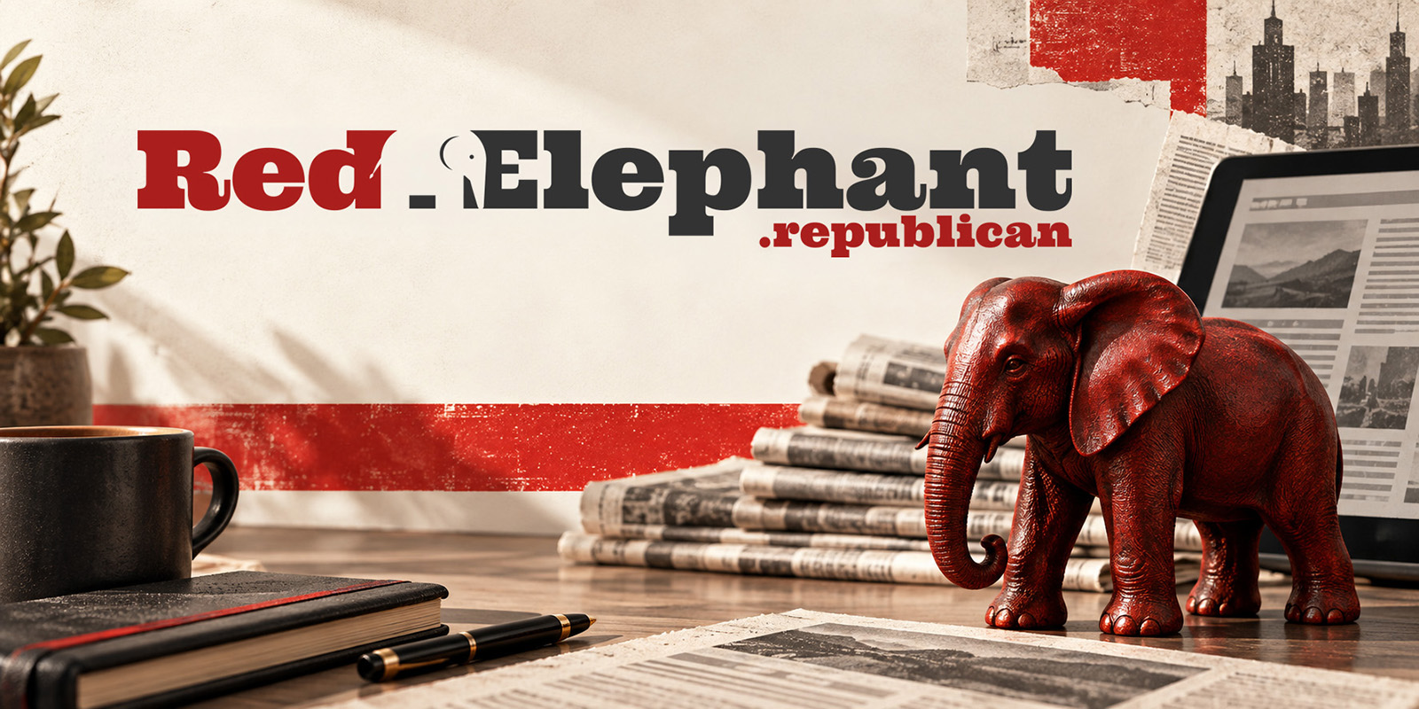 Red Elephant .republican wordmark with a red elephant figure, stacked newspapers, and a tablet showing the site